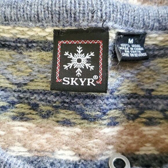 Skyr Wool Cardigan Sweater M Blue Green Fair Isle Geometric Stripe Full Zip - Picture 4 of 5